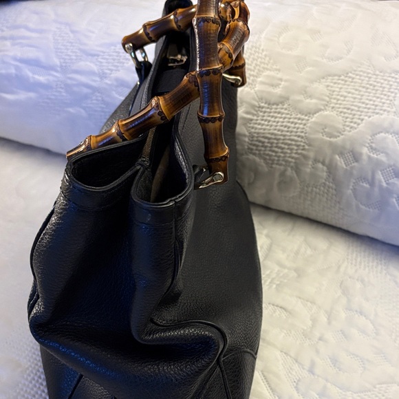 Elegant Black Leather Tote with Bamboo Handles - Picture 2 of 9